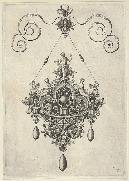 Pendant Design with Apollo Standing on an Arch Flanked by Female Figures Holding Fruit