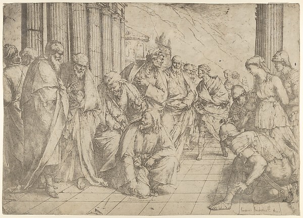 Christ kneels and writes on the pavement at center and a woman taken in adultery by three soldiers at right by Luca Giordano