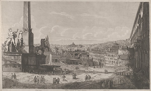 View of the Quirinal Hill in Rome with the fountain of the horse tamers at left