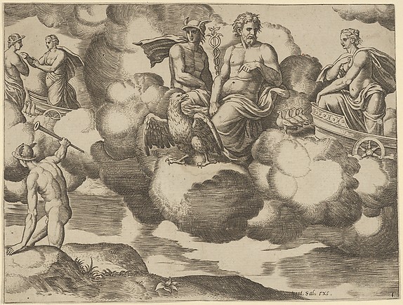 Venus in her dove-drawn chariot complaining to Jupiter who is accompanied by Mercury, from 'The Fable of Psyche'