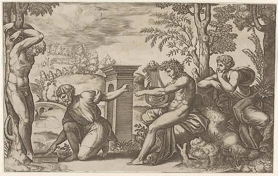 Apollo seated at the right with a lyre, pointing to a kneeling man who is about to flay Marsyas tied naked to a tree at left