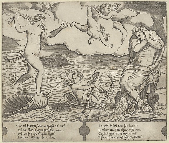Venus riding a conch at left and cowering man (Jason) at right, Eros riding a makeshift boat holding a bow between them