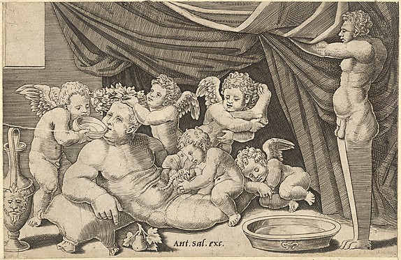 Speculum Romanae Magnificentiae: Bacchus Surrounded by Putti with Priapus holding back the curtain