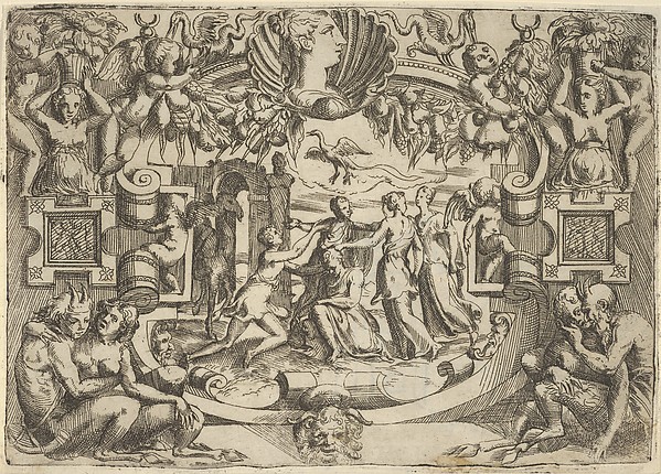 Four women surrounding a seated figure, a bird above them, set within an elaborate frame