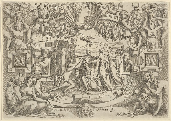Four women surrounding a seated figure, a bird above them, set within an elaborate frame
