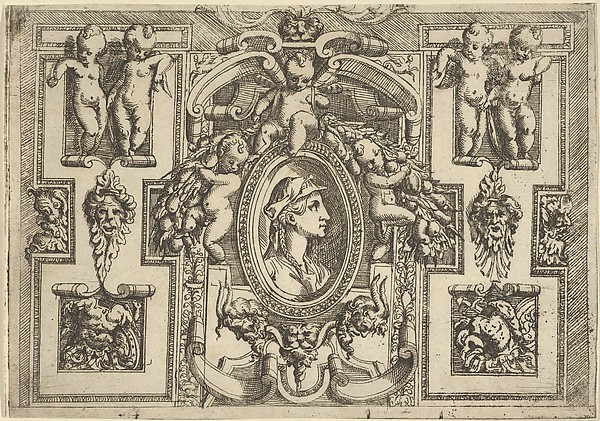 Bust of a woman in profile facing right, set within an elaborate frame with putti