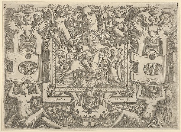 Figure on horseback holding a sword and riding over a figure lying on the ground, set within an elaborate frame