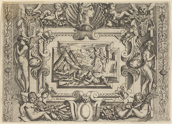 Judith and maidservant with the head of Holofernes, set within an elaborate frame