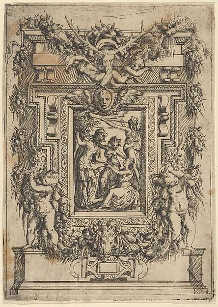 A young man offers his hand to a seated woman, another woman stands between them and a third blows a trumpet behind them, set within an elaborate frame