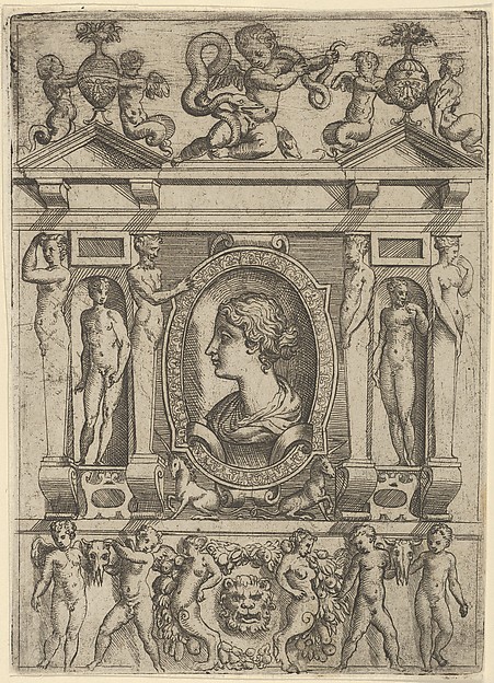 Bust of a woman in profile facing left, set in an elaborate frame with figures in niches