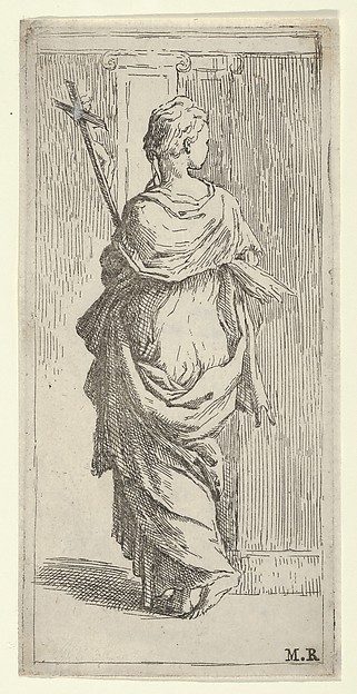 Girl carrying a crucifix and stepping toward a pilaster, seen from behind