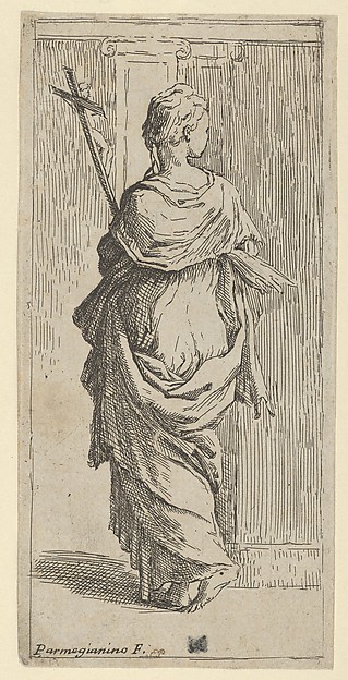 Girl carrying a crucifix and stepping toward a pilaster, seen from behind