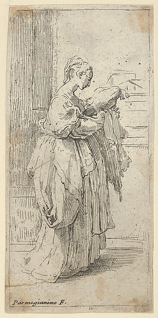 Girl carrying a cushion, seen in profile facing right