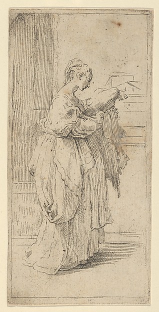 Girl carrying a cushion, seen in profile facing right