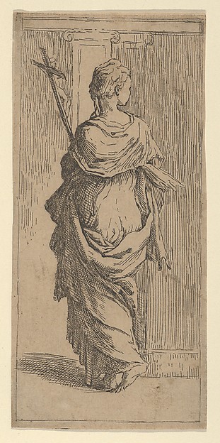 Girl carrying a crucifix and stepping toward a pilaster, seen from behind