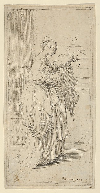 Girl carrying a cushion, seen in profile facing right