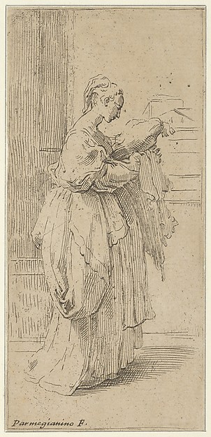Girl carrying a cushion, seen in profile facing right