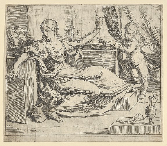 Seated woman holding a tablet and compass (allegory of learning), a winged putto at right