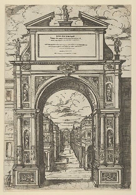 Triumphal arch surmounted by a statue representing the city of Bologna, buildings seen through the arch below, a temporary decoration for the entry of Pope Clement VIII in Bologna in 1598