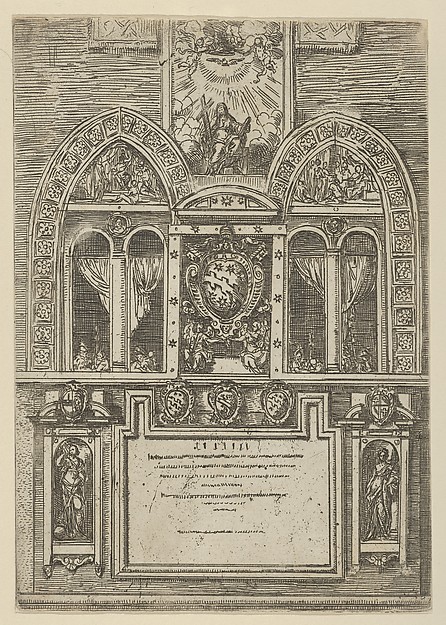 Façade of the Palazzo del Senato in Bologna with the Papal arms at center, with temporary decorations for the entry of Pope Clement VIII in Bologna in 1598