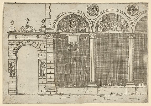 The arcade of the palace of the Archbishop of Bologna with temporary decorations for the entry of Pope Clement VIII in Bologna in 1598