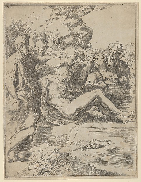 The Entombment; Christ with legs outstretched, the Virgin at right by Guido Reni
