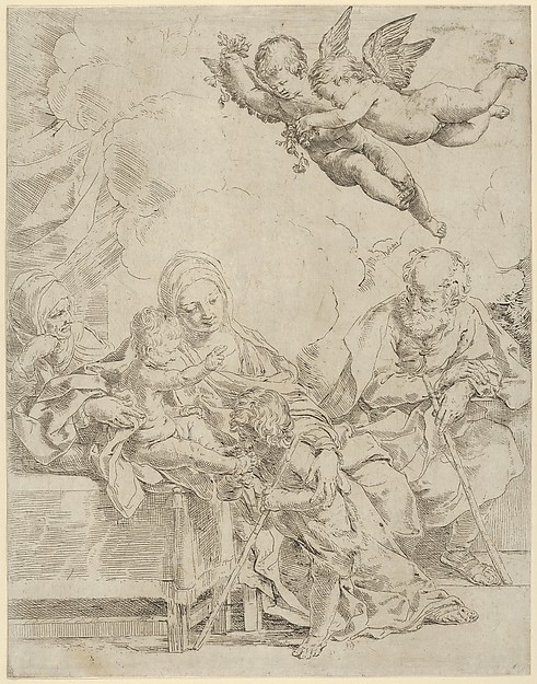 The Holy Family with young John the Baptist and Saint Elizabeth, two angels above by Guido Reni