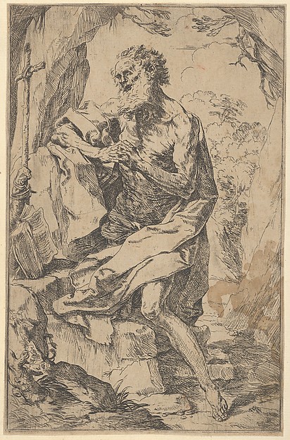 Saint Jerome kneeling on a rock in front of a cross and an open book facing left by Guido Reni