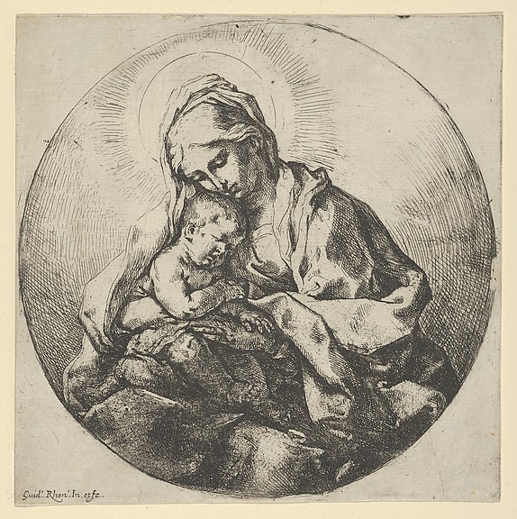 The Virgin holding the infant Christ with the fingers of her right hand hidden, a circular composition by Guido Reni