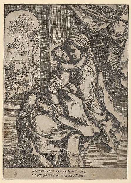 The Virgin seated with the Christ Child on her lap embracing her, Joseph seen through an archway at left by Guido Reni