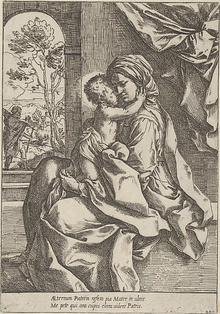 The Virgin seated with the Christ Child on her lap embracing her, Joseph seen through an archway at left by Guido Reni