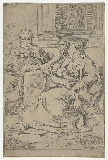 The Holy Family seated together in front of a collonade, Saint Joseph reading and the young Christ grasping the Virgin's drapery by Guido Reni