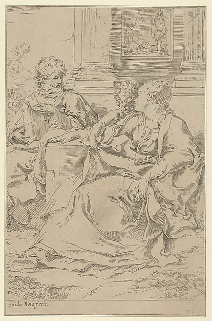 The Holy Family seated together in front of a collonade, Saint Joseph reading and the young Christ grasping the Virgin's drapery by Guido Reni