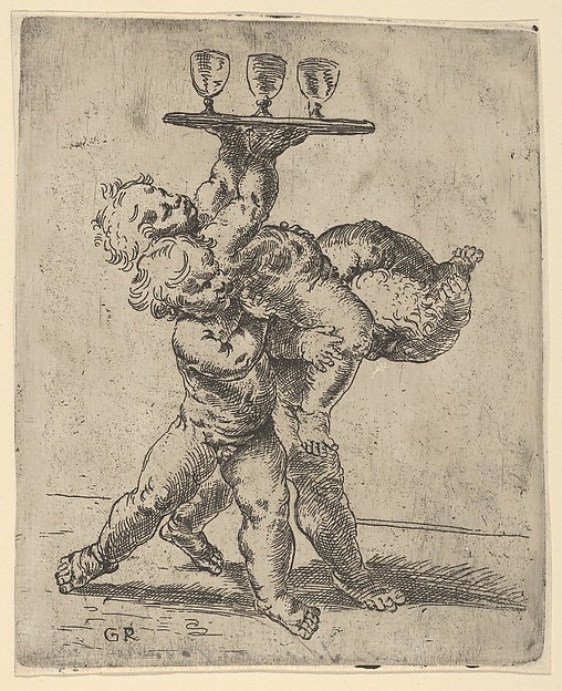Two naked boys carrying a third who supports a tray with three goblets, after Reni