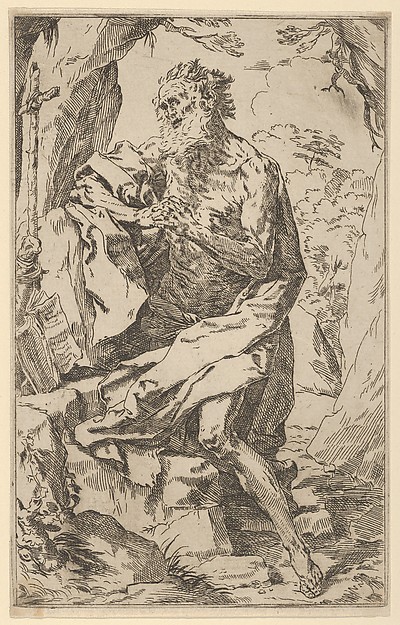 Saint Jerome kneeling on a rock in front of a cross and an open book facing left by Anonymous, 17th century