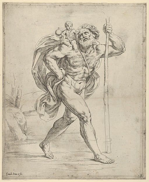 Saint Christopher walking with the infant Christ on his right shoulder by Guido Reni