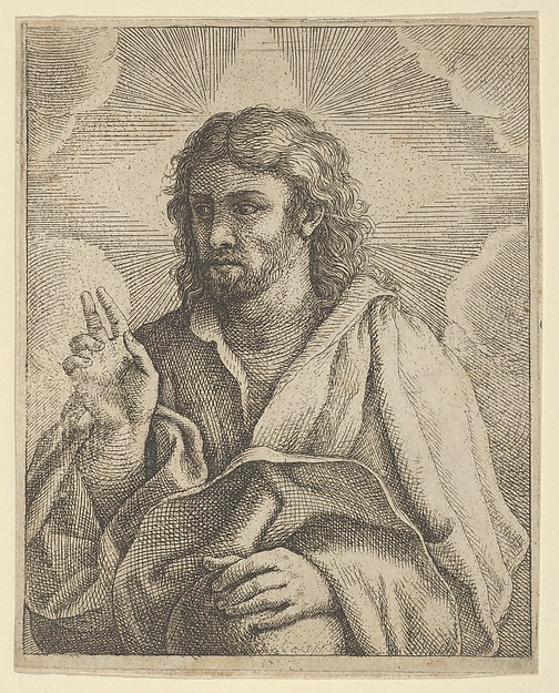 Christ holding a globe, looking to the left and making the sign of blessing with his right hand, clouds behind him, after Reni (?) by Anonymous, 17th century