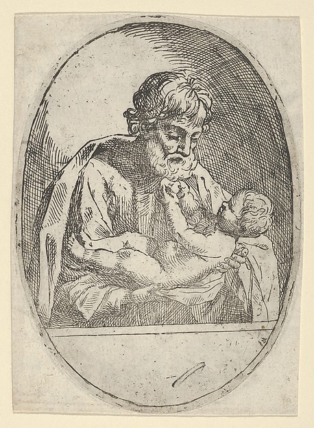 Saint Joseph holding the infant Christ, who raises up his hands, an oval composition by Anonymous, 17th century