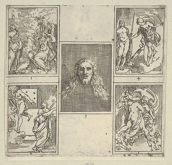 Five numbered scenes, each after a painter in the Accademia Degl'Incamminati, from IL FUNERALE D'AGOSTINO CARRACCIO FATTO IN BOLOGNA SUA PATRIA DAGL'INCAMINATI Academici del Disegno: 1. Painting and Poetry mourning the death of Agostino Carracci, painted by Francesco Brizio; 2. Painting with a lyre and Apollo pointing to stars on Carracci's grave, design by Giacomo Cavedone; 3. The head of Christ, painted by Agostino Carracci; 4. Prometheus with a torch and Athena behind him, painted by Alessandro Albini; 5. Aurora abducting Cephalus, painted by Leonello Spada. by Guido Reni