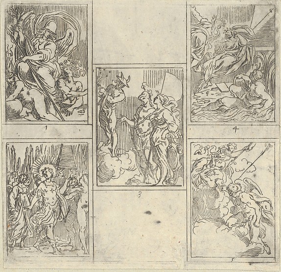 Five numbered scenes, each after a painter in the Accademia Degl'Incamminati, from IL FUNERALE D'AGOSTINO CARRACCIO FATTO IN BOLOGNA SUA PATRIA DAGL'INCAMINATI Academici del Disegno: 1. Virtue vanquishing Envy and Fortune, painted by Giulio Cesare Parigino; 2. Apollo and the Muses at the tomb of Agostino Carracci, painted by Luigi Valesio; 3. Mercury pointing to a constellation with the personification of Painting and that of the city of Bologna, Felsina, painted by Aurelio Benelli; 4. Personification of Painting being comforted by Poetry, and the personification of a river at right, painted by Lodovico Carracci; 5. Allegory of Knowledge and Vigilance chasing Envy out of Heaven, painted by Lorenzo Garbieri.