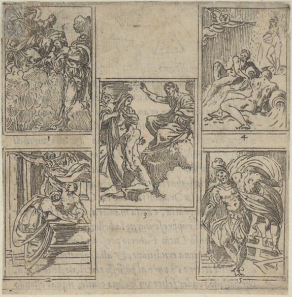 Five numbered scenes, each after a painter in the Accademia Degl'Incamminati, from IL FUNERALE D'AGOSTINO CARRACCIO FATTO IN BOLOGNA SUA PATRIA DAGL'INCAMINATI Academici del Disegno: 1. Ceres lamenting the death of Carracci before Jupiter, painted by Ippolito Ferrantini; 2. Personification of Painting entrusting Carracci's body to Fame, painted by Giovanni Battista Bertusi; 3. The Fates leading the blindfolded Carracci to the foot of Jupiter's throne, painted by Lucio Massari; 4. Three rivers representing the cities of Bologna, Rome and Parma (Reno, Tiber and Parma) with Fame at left, designed by Sebastiano Razzali and painted by Baldessare Aloisi Galanini; 5. Agostino Carracci abducted by Mars who is jealous of the artist's portrait of Adonis made for a Farnese gallery panel, painted by Giovanni Battista Busi.