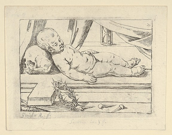 The infant Christ asleep on a cross, his head resting on a skull, a crown of thorns and nails in the foreground, after Reni