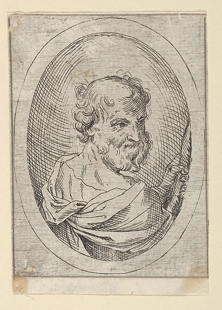 Saint Simon seen from behind, turning to the right and holding a saw, in an oval frame, from "Christ, the Virgin, and Thirteen Apostles" by Anonymous, 17th century