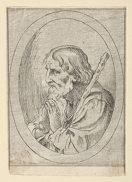 Saint Jude in prayer, seen in profile facing left with a staff resting on his shoulder, in an oval frame, from "Christ, the Virgin, and Thirteen Apostles" by Anonymous, 17th century