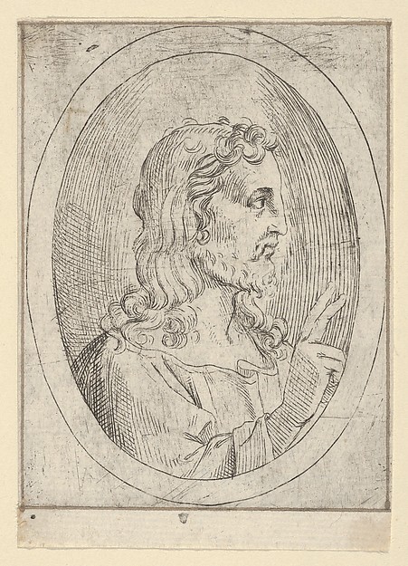 Christ seen in profile facing right, making the sign of blessing with his right hand, in an oval frame, from "Christ, the Virgin, and Thirteen Apostles" by Anonymous, 17th century