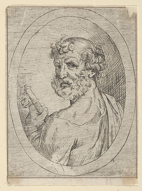 Saint Peter seen from behind, turning to face outwards and holding a key, in an oval frame, from "Christ, the Virgin, and Thirteen Apostles" by Anonymous, 17th century