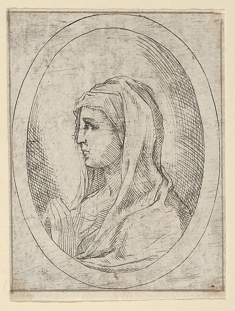 The Virgin in prayer, seen in profile facing left, in an oval frame, from "Christ, the Virgin, and Thirteen Apostles" by Anonymous, 17th century