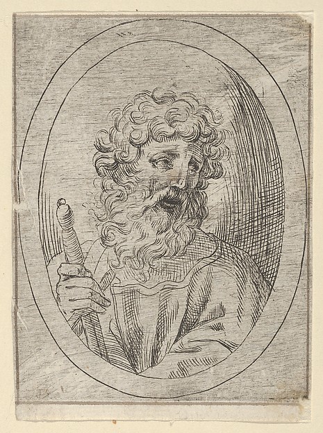 Saint Paul holding a sword, in an oval frame, from "Christ, the Virgin, and Thirteen Apostles" by Anonymous, 17th century
