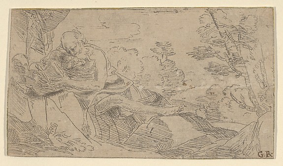 Saint Jerome seated on rocks and reading a book, a cross and a skull at left by Anonymous