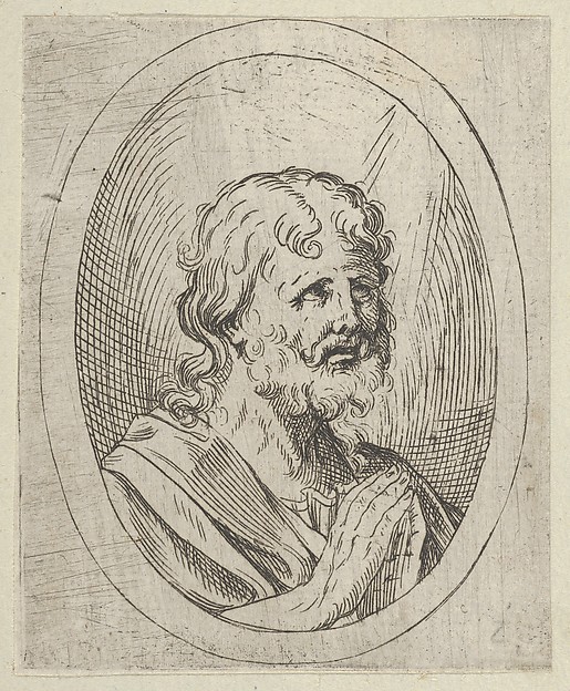 An apostle raising his eyes in prayer, in an oval frame, from "Christ, the Virgin, and Thirteen Apostles" by Anonymous, 17th century